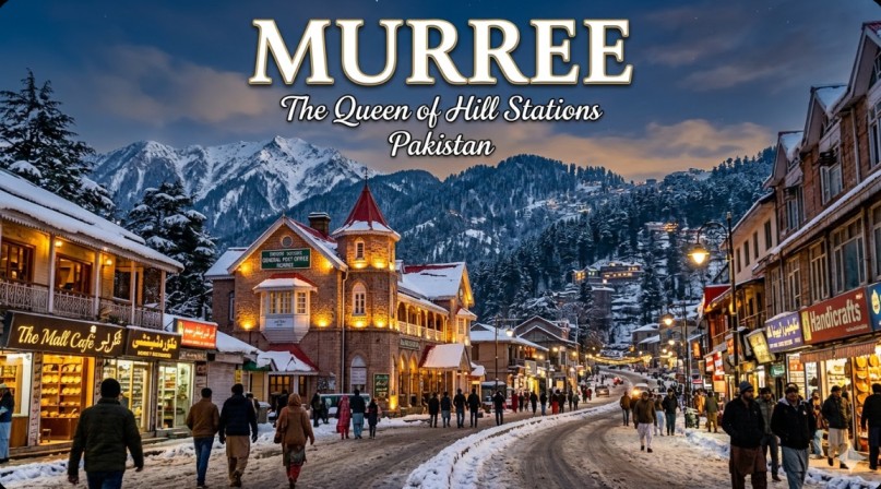 Snowy night scene of Mall Road, Murree