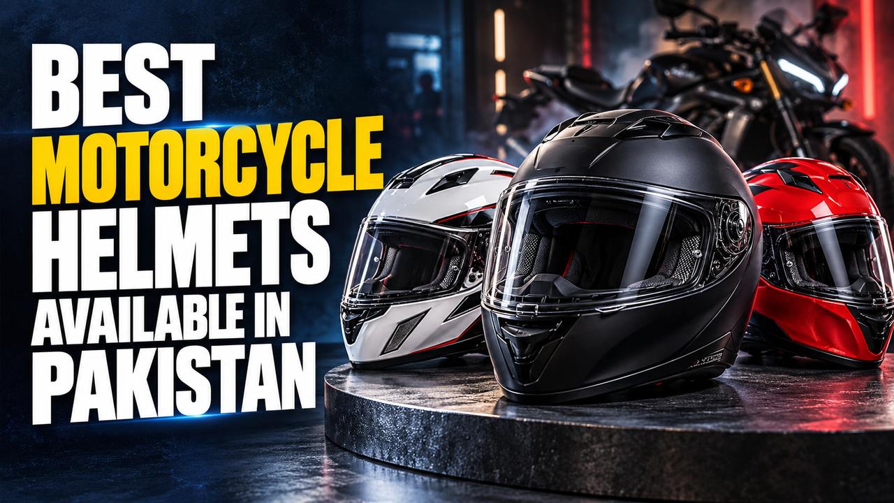 Rider holding full face motorcycle helmets in a Pakistan accessory shop