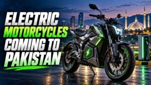 Electric motorcycles parked outside a bike showroom in Pakistan