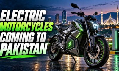 Electric motorcycles parked outside a bike showroom in Pakistan