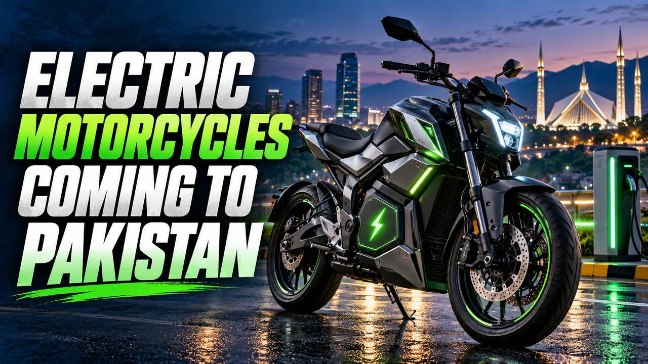 Electric motorcycles parked outside a bike showroom in Pakistan