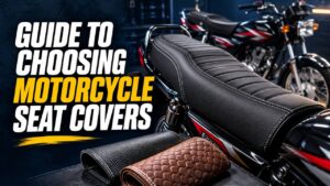 Mesh and rexine motorcycle seat covers on bikes parked in Pakistan