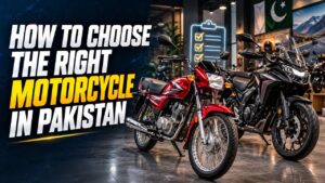 Rider comparing bikes in a showroom to choose a motorcycle in Pakistan