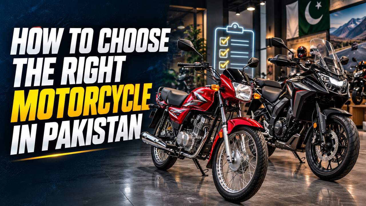 Rider comparing bikes in a showroom to choose a motorcycle in Pakistan