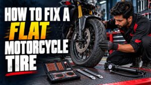 Rider using a plug kit for a motorcycle tire fix on a Pakistan roadside