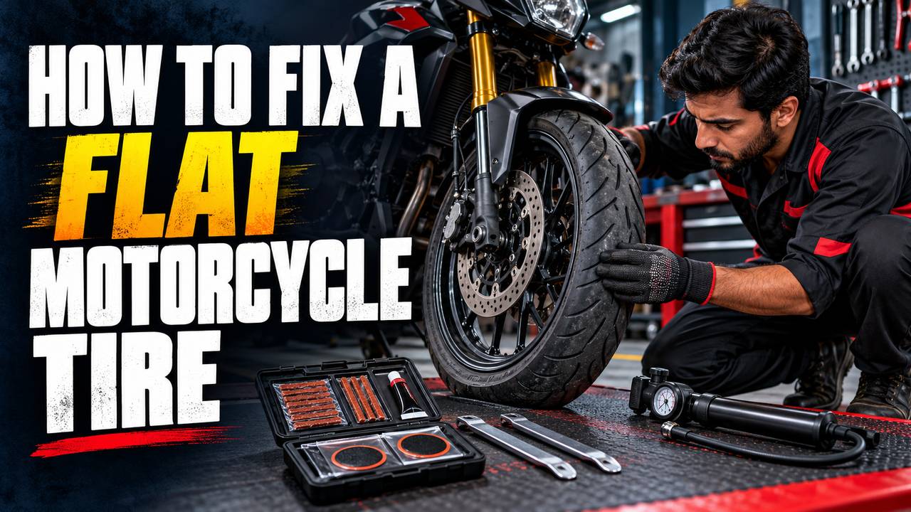 Rider using a plug kit for a motorcycle tire fix on a Pakistan roadside