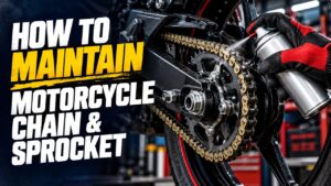 Mechanic oiling a motorcycle chain and sprocket in a Pakistan workshop