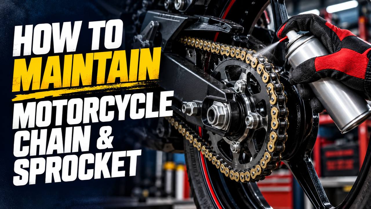 Mechanic oiling a motorcycle chain and sprocket in a Pakistan workshop