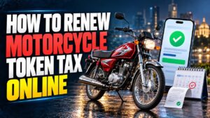 Rider paying motorcycle token tax in Pakistan on a mobile app
