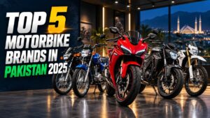 Row of bikes from top motorbike brands in Pakistan at a dealer